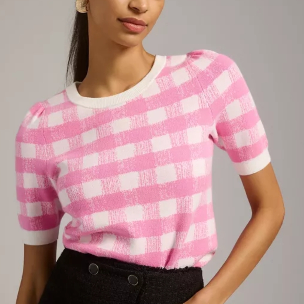 Maeve Anthropologie Pink and White Checkered Knit Top, XS